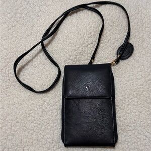 Vintage 90’s Black Leather Crossbody Bag Purse Wallet with gold hardware